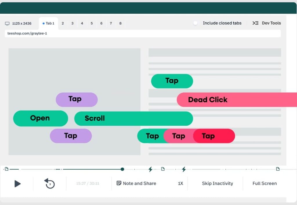 An illustration of FullStory’s real-time replays feature showing user actions.