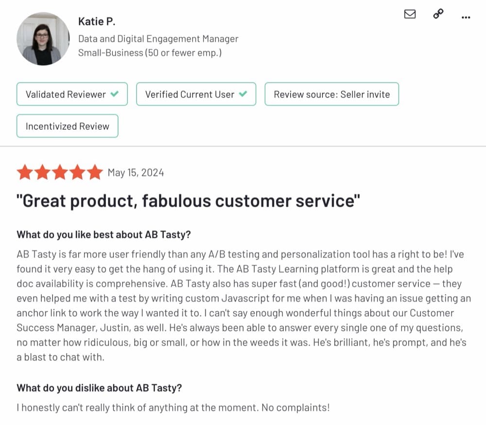 G2 positive review about AB Tasty