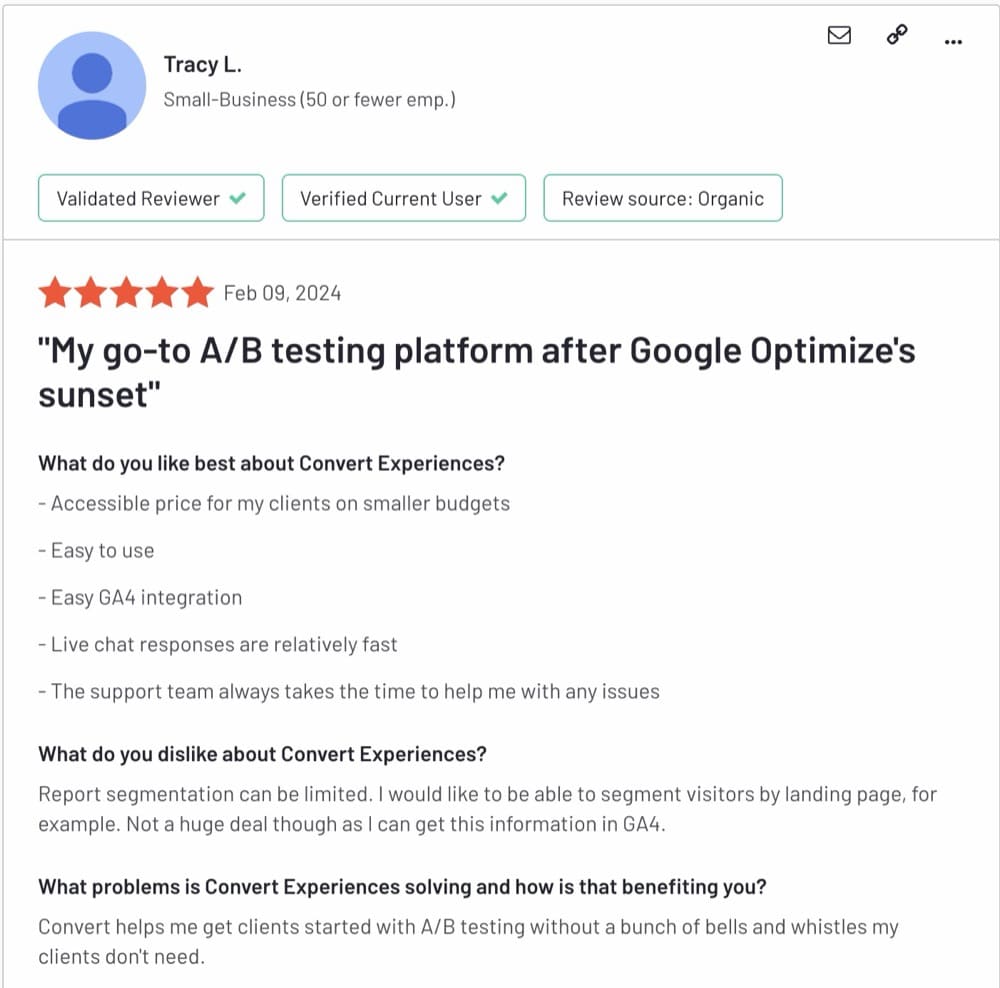 G2 positive review about Convert Experiences